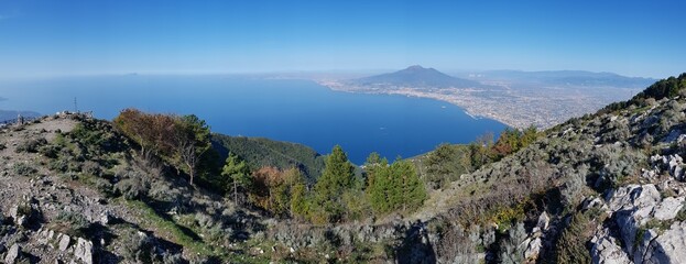 Panorama of the blue sea and volcano Vesuvius