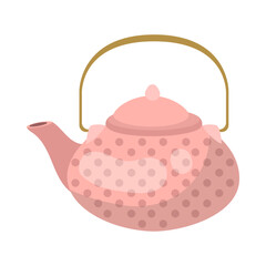 Cute pink ceramic teapot cartoon illustration. Small kettle with dotted ornament for boiling water. Household, kitchen utensils, decoration, teatime concept