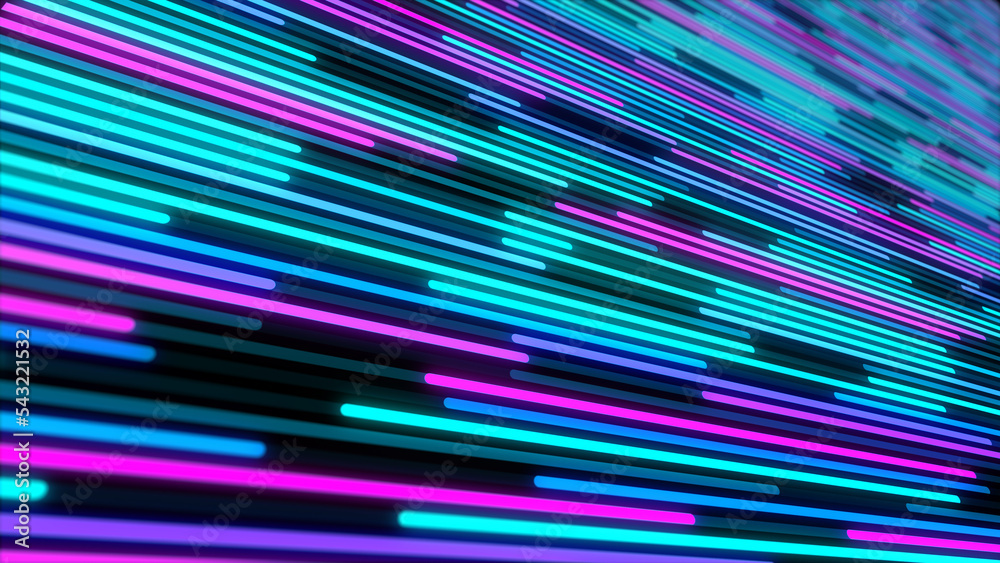 Poster 2d animation of glowing horizontal lines streaming across the screen. deep blues and vibrant purples