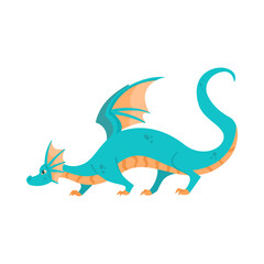 Blue dragon walking cartoon illustration. Cute magical creature on white background. Fantasy, reptile concept