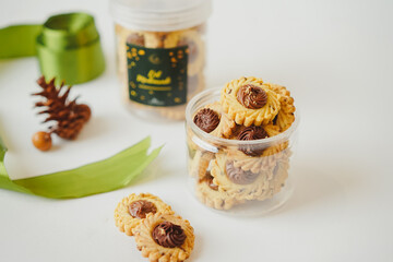 Ramadhan Hampers moslem theme for celebrate the holy, bake snack, nastar, bakery, cookies, choco chips, roll cake, castangel, on white background