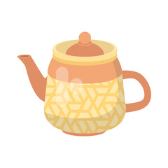 Colorful ceramic teapot cartoon illustration. Cute orange kettle with ornament for boiling water. Household, kitchen utensils, decoration, teatime concept