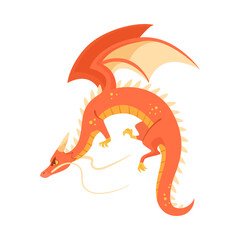 Red dragon flying and fighting cartoon illustration. Cute magical creature on white background. Fantasy, reptile concept