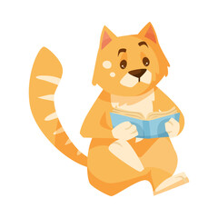 Cute cat cartoon character reading vector illustration. Drawing of smart comic animal holding book isolated on white background. Library, wildlife concept