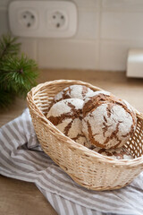 Tasty bread in a decorated holiday kitchen