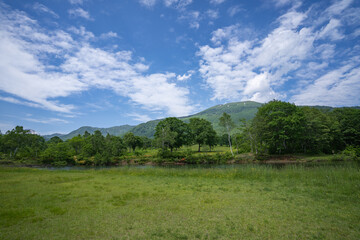 妙高の山に囲まれて笹ヶ峰高原の牧草地が広がる