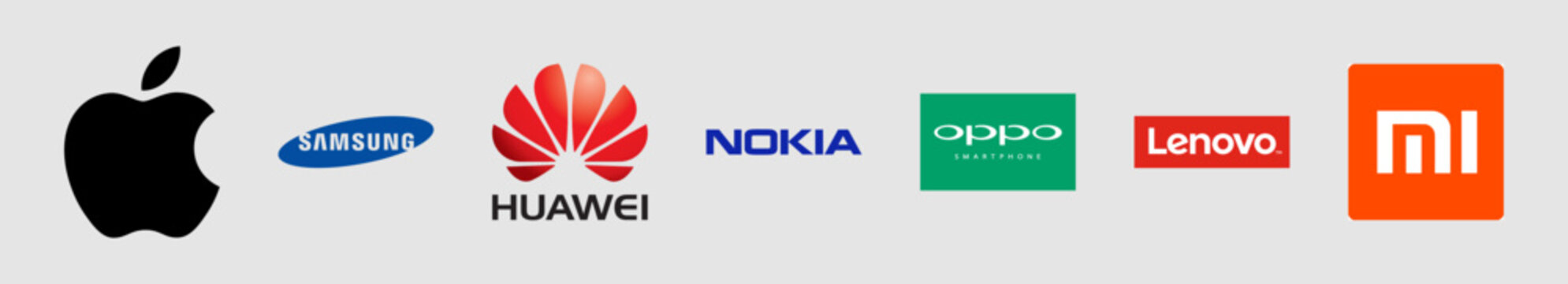 Popular Mobile Brands Logos. Apple, Samsung, Huawei, Xiaomi, Oppo, Lenovo, Nokia, Editorial Vector Icon.