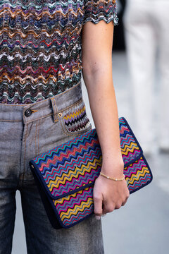 Milan, Italy - September, 23, 2022: woman wearing shoulder bag from Missoni, street style outfit details