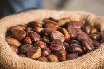 Beautiful brown ripe chestnuts in a jute sack or bag in a street food market, close up