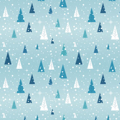 Obraz premium Holiday Christmas pattern with flat colored snowy trees. Blue green white. Forest on a blue background. Seamless pattern with decorative flowers, design for paper, cover, fabric, texture interior. 