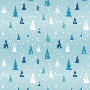 Holiday Christmas pattern with flat colored snowy trees. Blue green white. Forest on a blue background. Seamless pattern with decorative flowers, design for paper, cover, fabric, texture interior. © Handan