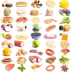 large group of food on white background.