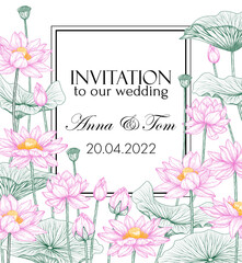 Vector template of invitation garden with lotus flowers in engraving style
