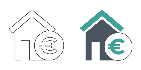 Rent a house with euro coin sign. House Sign for Sale. Line and flat icon.
