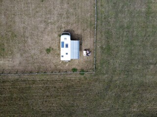 Top view of van vehicle on a cultivated land