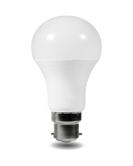 Isolated cutout LED bulb with UK B22 bayonet fitting and set against white background
