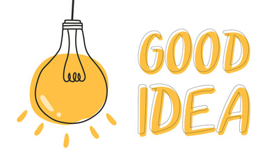 Good Idea badge and light bulb with copy space flat design on isolated white background. Banners for business or education cover websites. eureka, Good Idea, vector illustration.