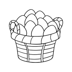 Large basket with chicken eggs, monochrome vector cartoon