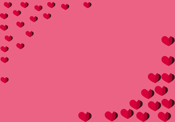 Red hearts are located on a red background on the lower right and upper left. Valentine's Day concept.