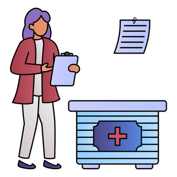 Medical Center Front Desk Concept, Office Admin Holding Reports Vector Color Icon Design, Medical And Healthcare Scene Symbol, Disease Diagnostic Sign, Doctor And Patient Characters Stock Illustration