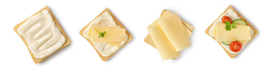 Set of toasts with melted and sliced cheese on bread. Assortment of sandwiches with gouda cheese,...