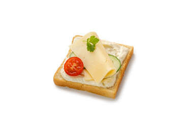 Bread with sliced cheese, tomatoes, cucumbers on bread. Toast, bruschetta, snack, appetizer, sandwich isolated on white background.