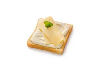 Toast with sliced cheese and parsley on bread. Bruschetta, snack, sandwich isolated on white background.