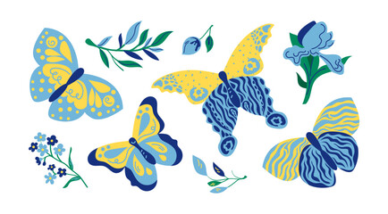 Fototapeta na wymiar Beautiful blue and yellow butterflies vector illustrations set. Collection of cartoon drawings of blue leaves and field flowers isolated on white background. Decoration, nature, spring concept