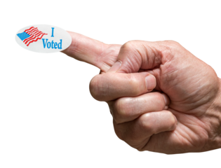 I Voted campaign sticker on finger of senior adult hand isolated against white