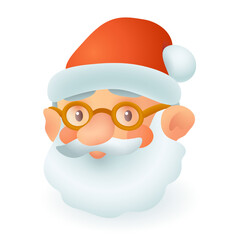 Happy face of Santa Claus character 3D icon. Old man with beard in glasses and red hat 3D vector illustration on white background. Winter holiday, Christmas, New Year concept