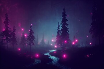 Dark fairytale neon night fantasy forest Generative AI