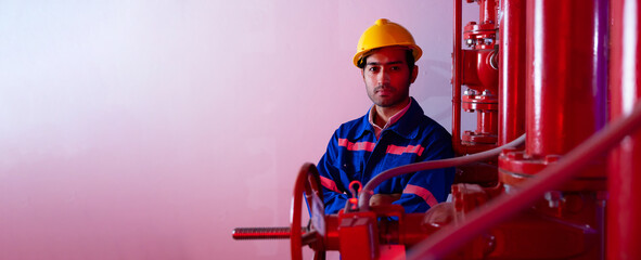 Professional Asian man engineer mechanical worker wearing safety hardhat helmet and uniform working...