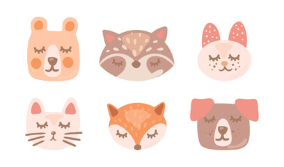 Obraz premium Comic animal faces with closed eyes vector illustrations set. Cute bear, raccoon, bunny, cat, fox and dog cartoon characters in Scandinavian style on white background. Animals, wildlife concept