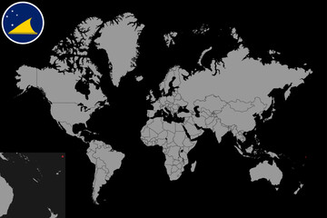 Pin map with Tokelau flag on world map. Vector illustration.