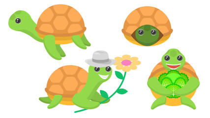 Set Abstract Collection Flat Cartoon Different Animal Turtles Swimming, Floats, Sitting In A Shell, Eating Cabbage, With Flower And Hat Vector Design Style Elements Fauna Wildlife