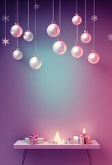 Merry Christmas background, festive xmas balls baubles decorations creative illustration, Happy New Year trendy winter decor card backdrop concept.