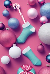 Merry Christmas background, festive xmas balls baubles decorations creative illustration, Happy New Year trendy winter decor card backdrop concept.