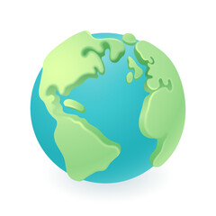 Three-dimensional Earth or globe icon. Planet with green land and blue water 3D vector illustration on white background. Space, astronomy, universe, geography, education concept
