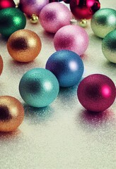 Merry Christmas background, festive xmas balls baubles decorations creative illustration, Happy New Year trendy winter decor card backdrop concept.