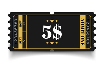 Vector ticket isolated isolated on white background. Cinema, theater, concert, play, party, event, festival black and gold ticket realistic template set. Ticket icon for website.