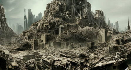 illustration of post-apocalytic city, destroyed after war, fantasy digital art
