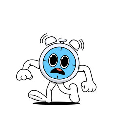 Alarm clock, stopwatch running in a hurry. Business concept, deadline. Morning rise. Doodle style. Stock vector illustration of alarm clock, stopwatch in cartoon style. Isolated white background.