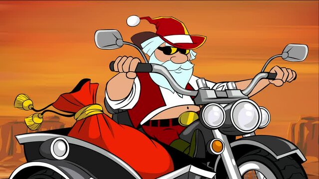Santa Claus on a motorcycle on a colored background. Close-up. Looping animation. Santa Claus rides a motorcycle with a stroller and a bag of Christmas gifts