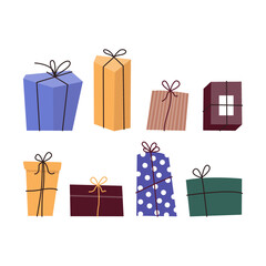 Vector set of different colorful wrapped gift boxes. Christmas and birthday presents. Party concept.