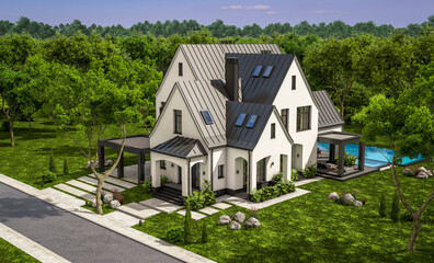 3d rendering of cute cozy white and black modern Tudor style house with parking  and pool for sale or rent with beautiful landscaping. Fairy roofs. Clear sunny summer day with blue sky.