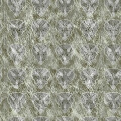 Green hand drawn triceratops dinosaur seamless pattern. Gender Neutral Jurassic fossil silhouette for baby nursery. Gender neutral home decor for museum, extinction and textile design.  © Leah