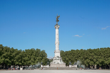 Fototapeta na wymiar Wide panorama to the large square and Monument aux Girondins, Bordeaux, Southwestern France.
