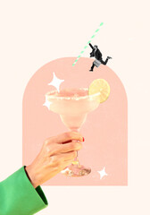 Contemporary artwork. Creative design in retro style. Businessman with briefcase jumping into delicious alcohol glass, cocktail