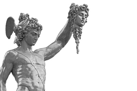 Statue of Perseus holding the severed head of Medusa, upper torso detail perspective with copy space