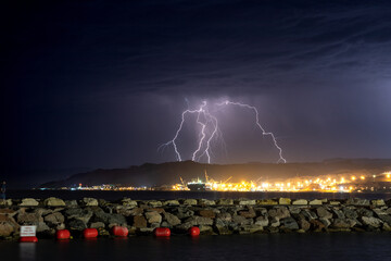 Massive Lightning Strike Over the Eilat city Suburbs Lights
